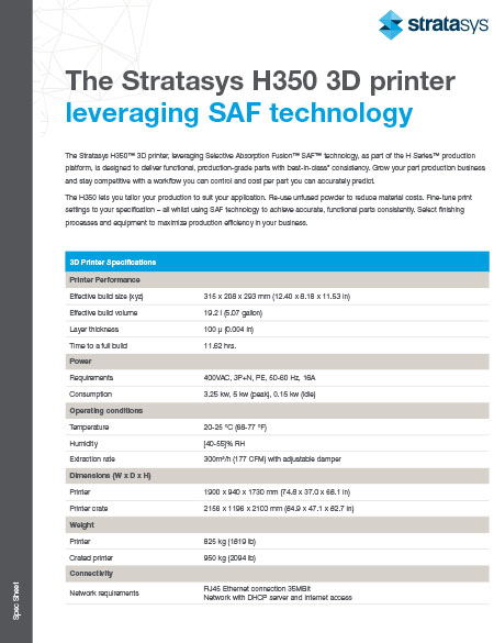 H350 Specifications Stratasys H350 3D Printer Specs