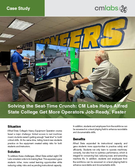 Case study cover showing CM Labs simulators in use at Alfred State College heavy equipment training program