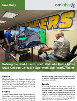 Case study cover showing CM Labs simulators in use at Alfred State College heavy equipment training program