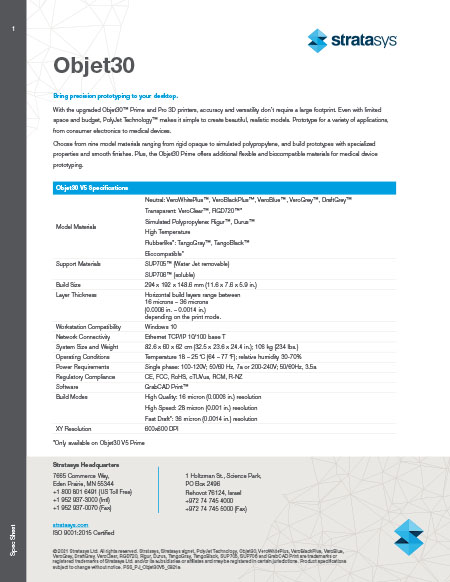 Objet 30 Specifications Stratasys Objet 30 Prime and Pro