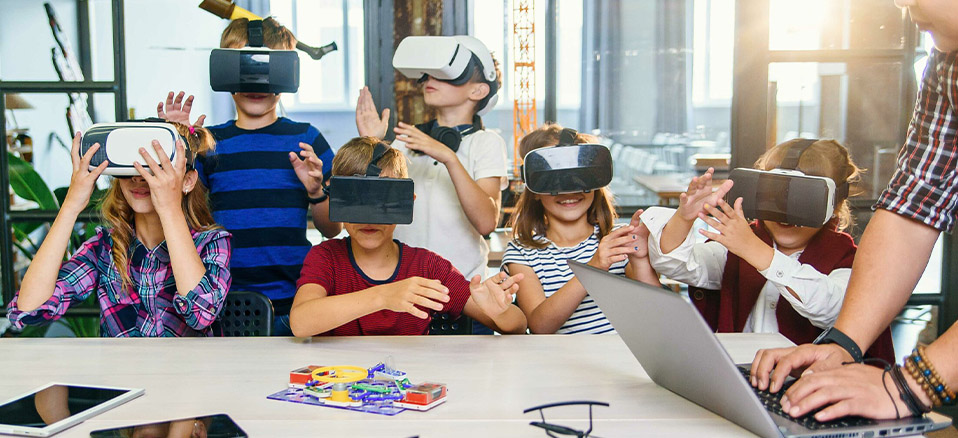Students using MIMBUS VR tools for career exploration MIMBUS immersive training in a high school tech lab