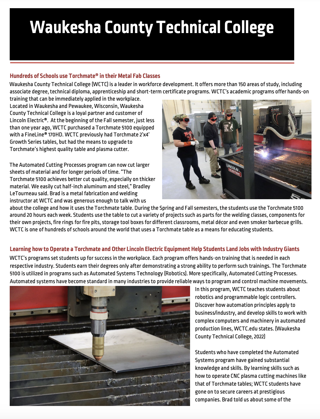 WCTC Prepares Students for Careers with Torchmate Plasma Cutting Tables Case Study for Lincoln Electric Torchmate 5100
