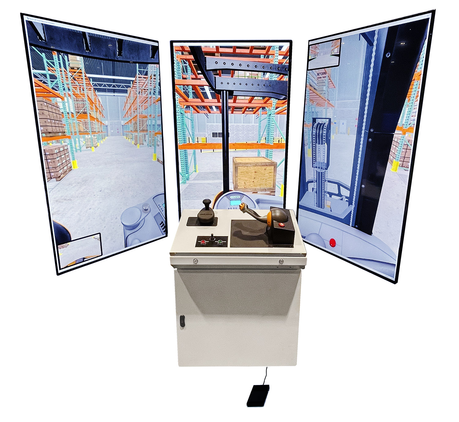 Reach Lift Truck Personal Simulator Industrial Controls - C - with Three Displays in Portrait Mode Reach Lift Truck Personal Simulator
