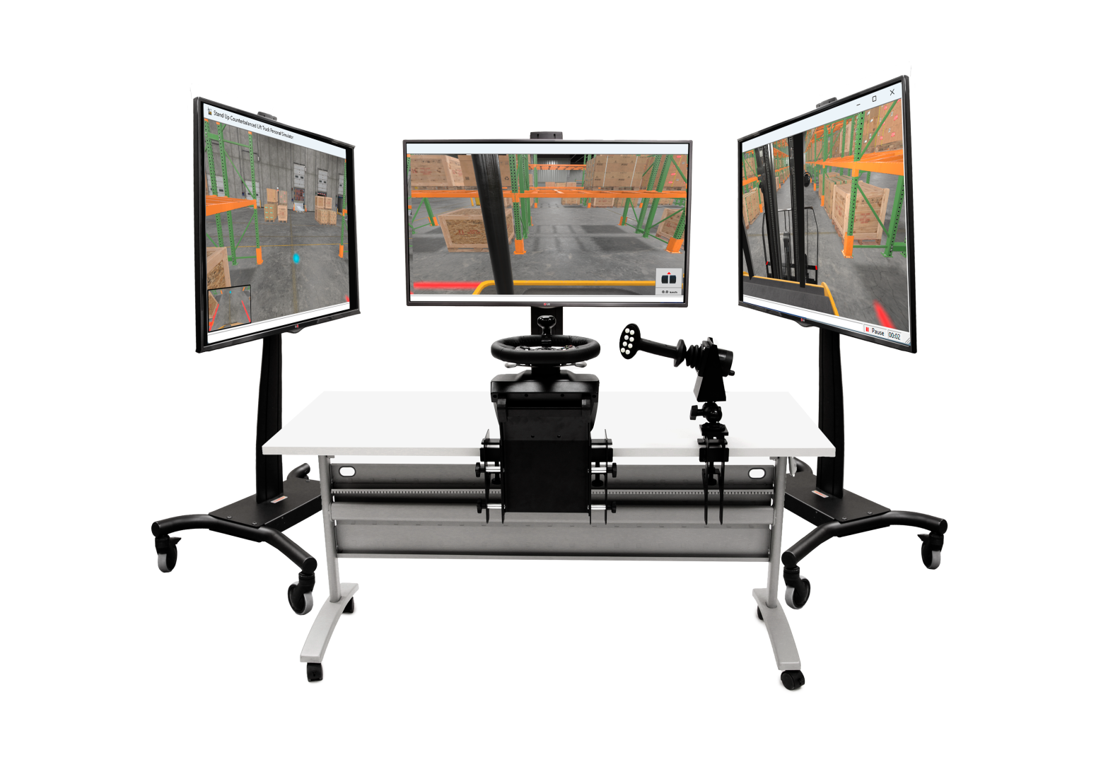 Stand Up Counterbalanced Lift Truck Personal Simulator Setup with Three Displays in Landscape Mode Logistics Simulation for Supply Chain Optimization