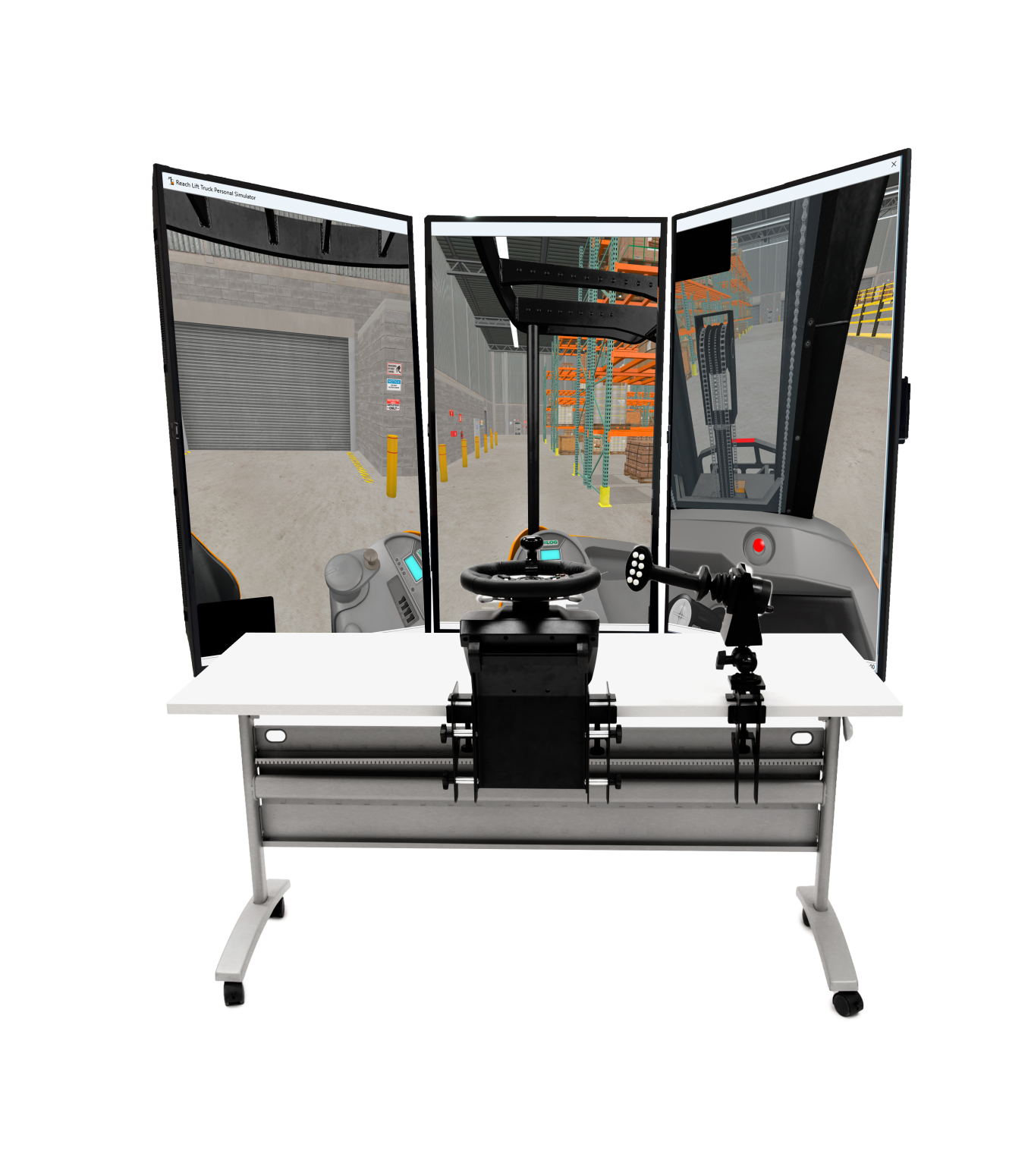 Stand Up Counterbalanced Lift Truck Personal Simulator Setup with Three Displays in Portrait Mode Virtual Training for Industrial Equipment