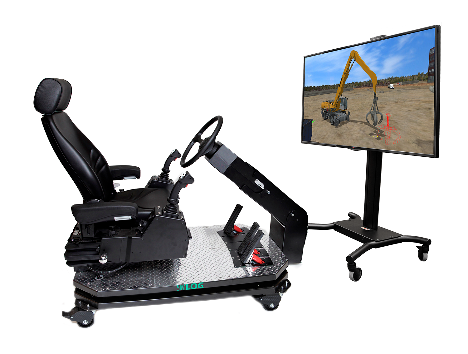 Wheeled Material Handler Personal Simulator - Operator Chair Sample Setup with 8 push-buttons joysticks Simlog Heavy Equipment Simulators for Operator Training